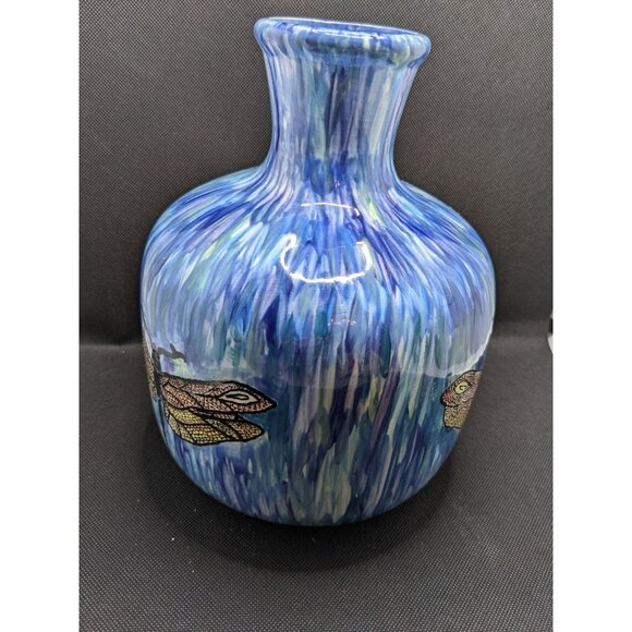 Studio Pottery Vase Dragonfly Blue 9"x7" Drip Glaze Signed Helga Farmhouse Decor - Picture 5 of 9